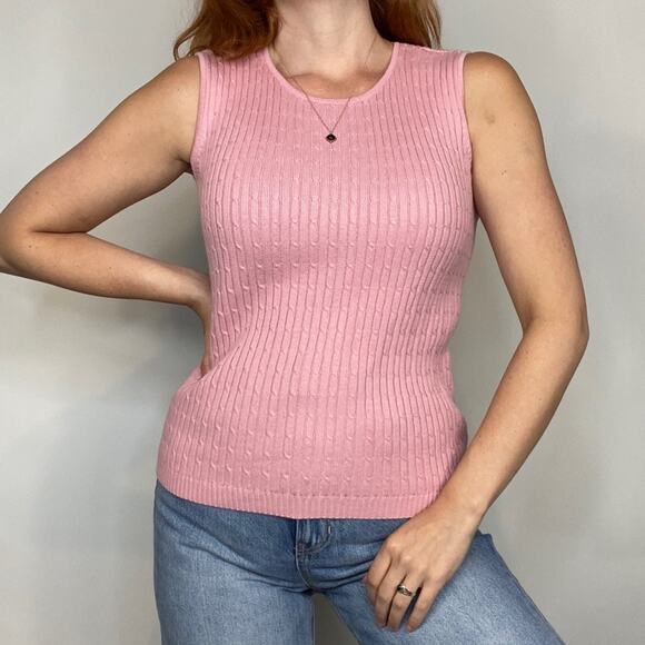 Vintage 90s Size Medium Light Pink Cotton Cable Knit Sleeveless Sweater Tank Top - Picture 5 of 11